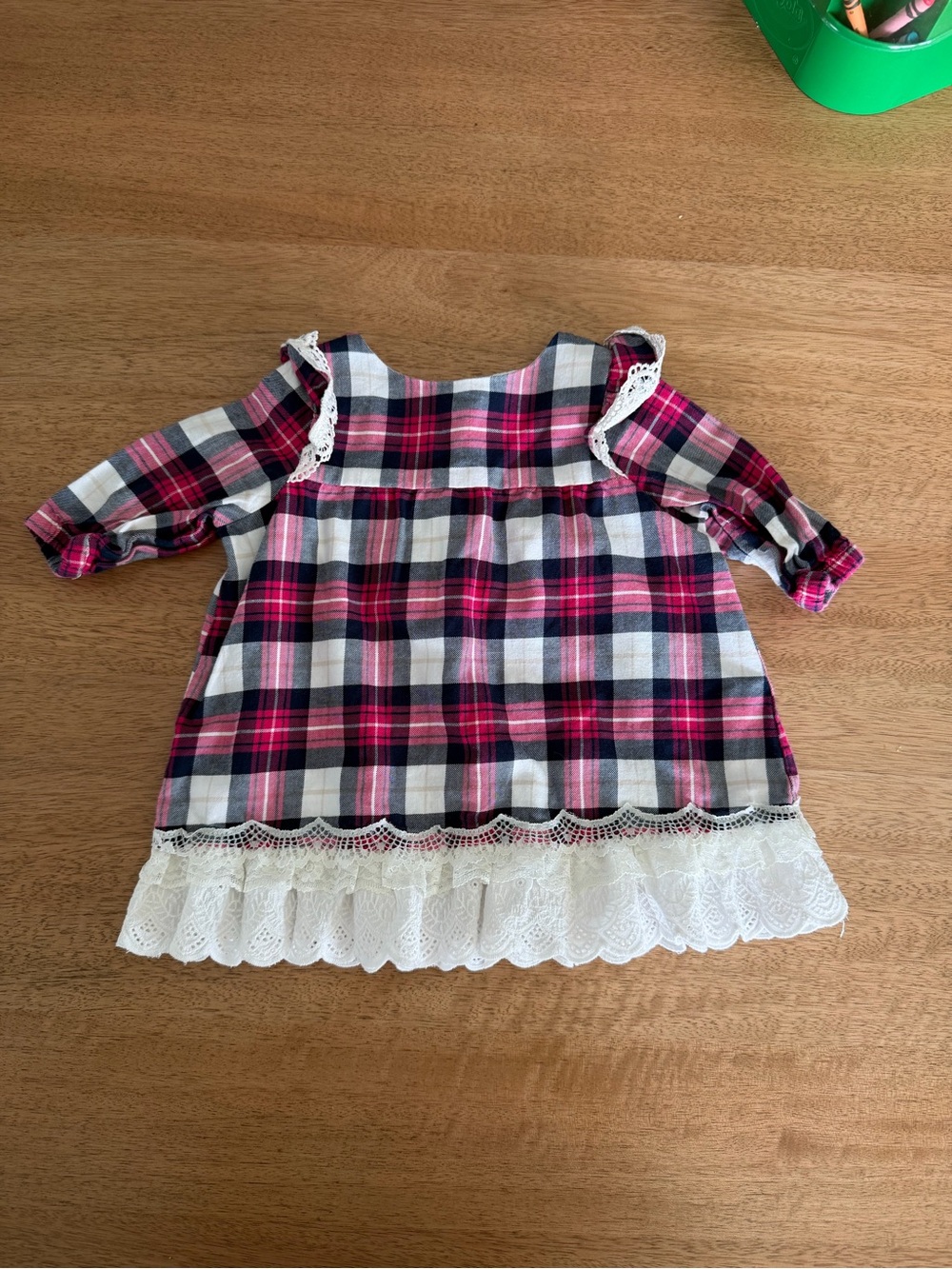 Vintage 18M Frock Pink Plaid Ruffled Lace Hem Tunic Top Dress Toddler Girl